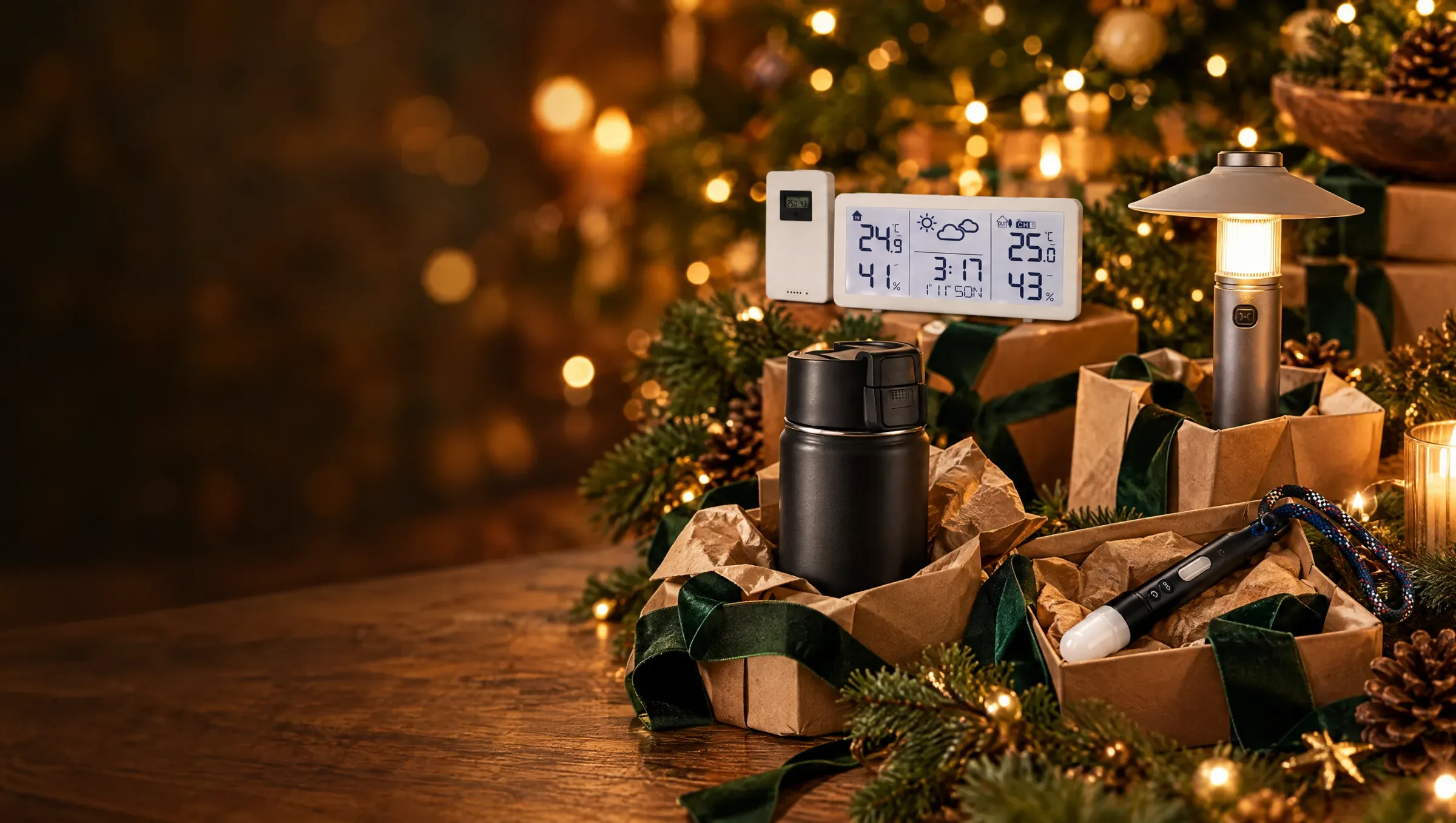 Weihnachtlich verpackte Geschenke aus der Auswahl: Thermobecher, Campingleuchte, Wetterstation und Taschenleuchte