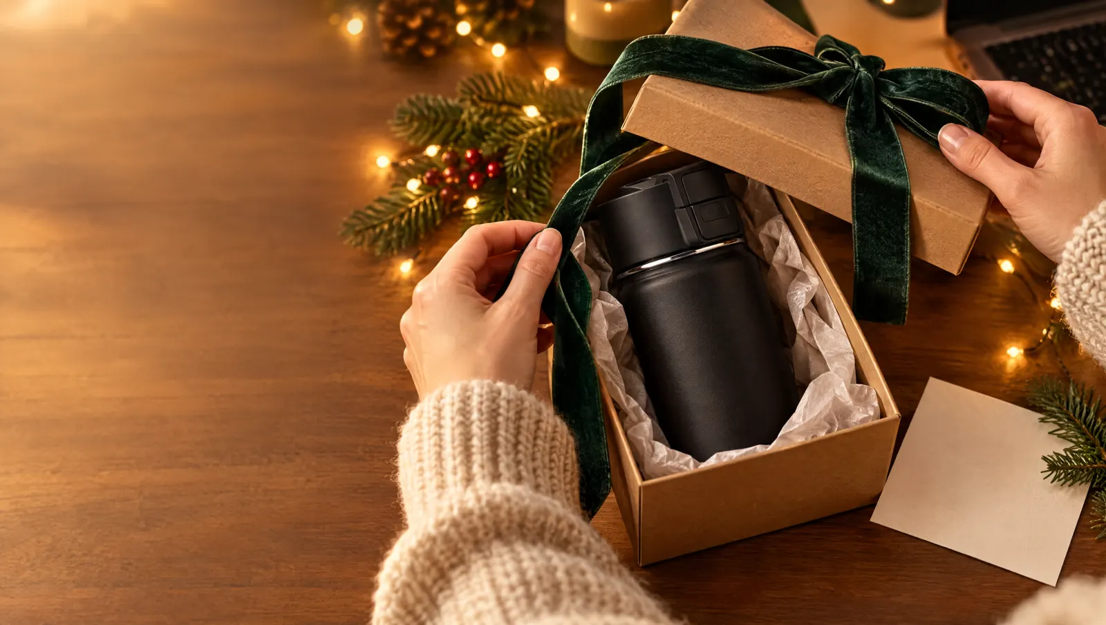 Hände öffnen ein Geschenk mit grüner Samtschleife, darin ein schwarzer Thermobecher