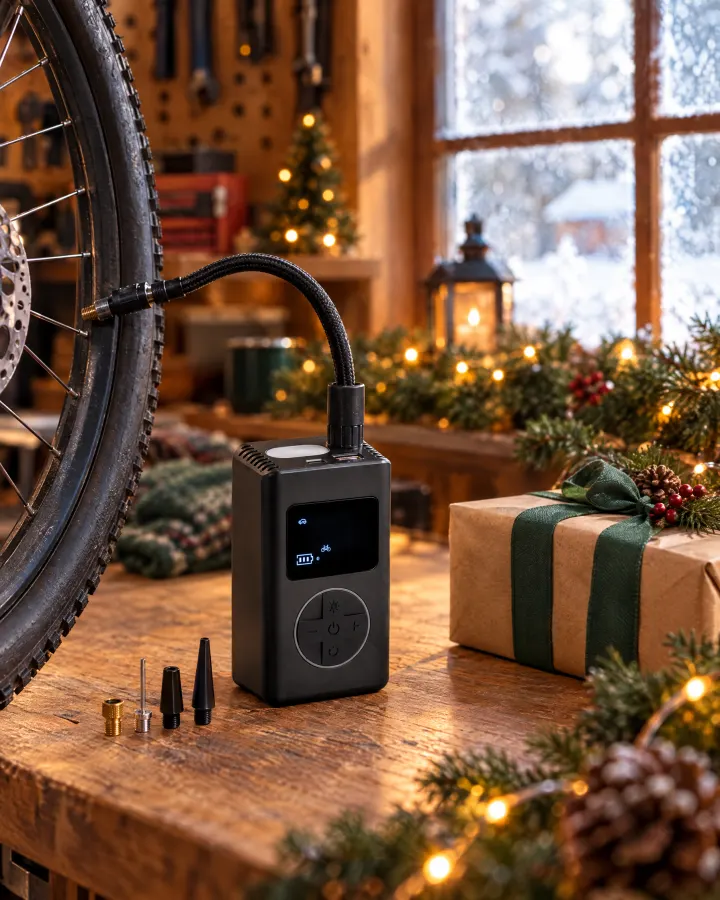 Akku-Reifenpumpe mit Powerbank in weihnachtlicher Szene